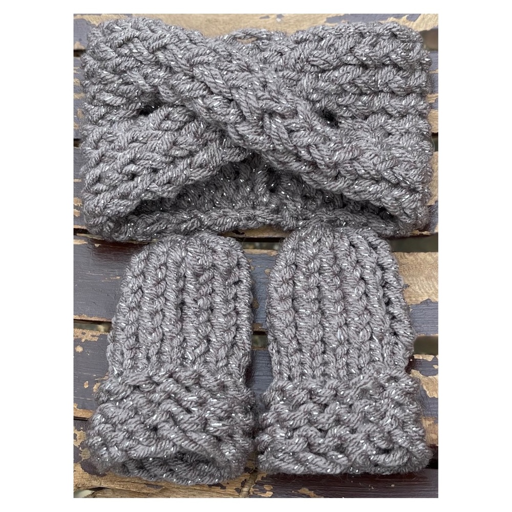 Hand Crafted Knit Baby Headband and Mittens set 0-3months Sparkly Gray Taupe